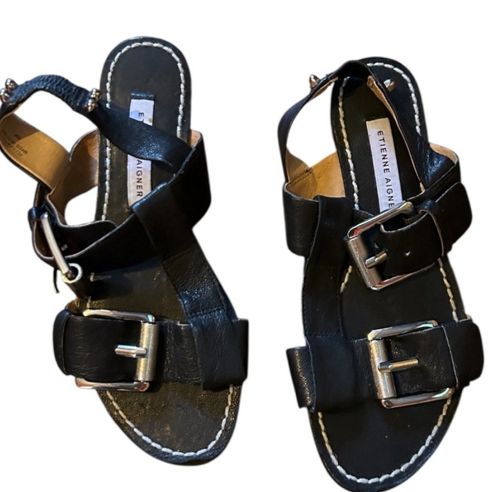 Etienne Aigner Black Leather Buckle Strap Sandals Sz 6